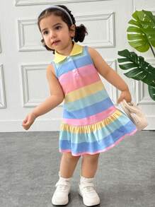 Young Girl Casual Home Fitted Sweet Cute Rainbow Striped Button Front Collared Sleeveless Patchwork Frill Trim A-Line Dress T-Shirt Dress Polo Dress Kids Strip Dress Toddler Rainbow Dress Girl Pastel Spring Dress Toddler Tennis Dress - Multicolor - View 5