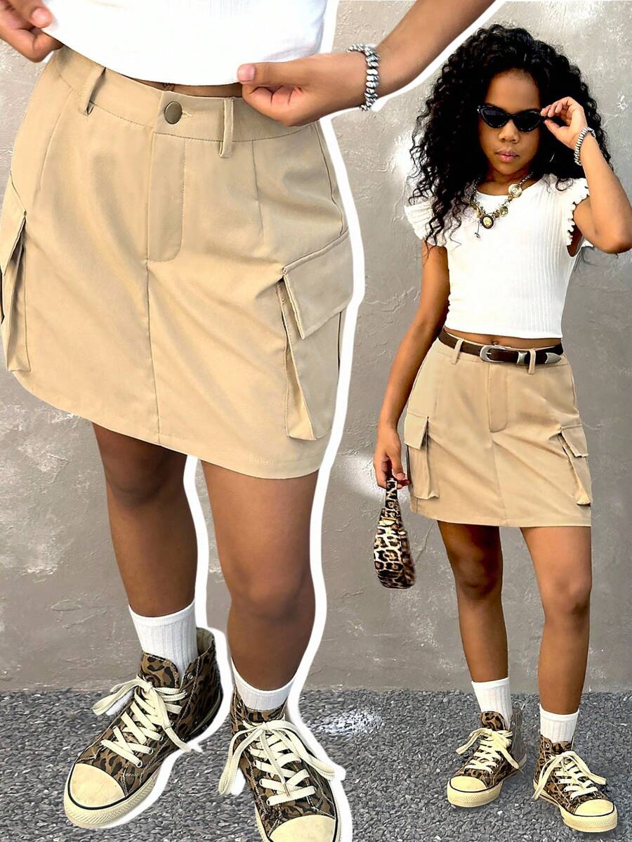 Coolane Kids Tween Girls Spring/Summer Streetwear Streetwear High Waisted Baggy Cargo Skirt Fall Winter - Khaki - View 1