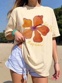 Women Floral Print Oversized Round Neck Drop Shoulder Casual T-Shirt,Vacation T-Shirts, Seaside T-Shirts, Casual Daily T-Shirts - Khaki - View 1