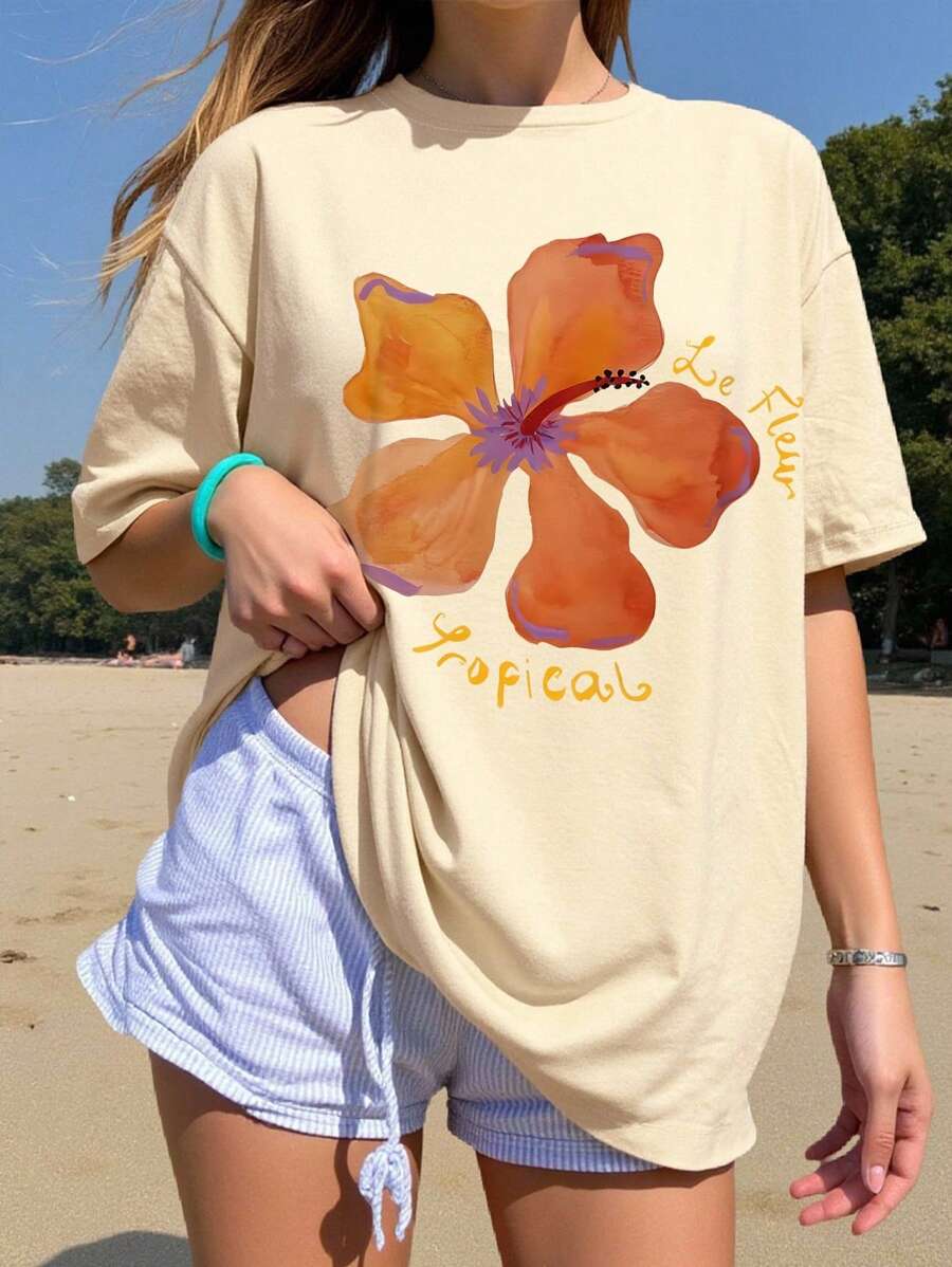 Women Floral Print Oversized Round Neck Drop Shoulder Casual T-Shirt,Vacation T-Shirts, Seaside T-Shirts, Casual Daily T-Shirts - Khaki - View 1
