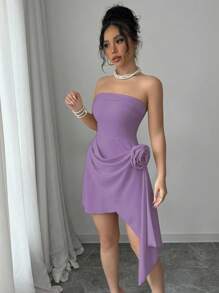 Elenzga 杏色露肩束腰 A 字型花卉优雅浪漫女士连衣裙，适合情人节穿着 - 淡紫色 - 查看 4