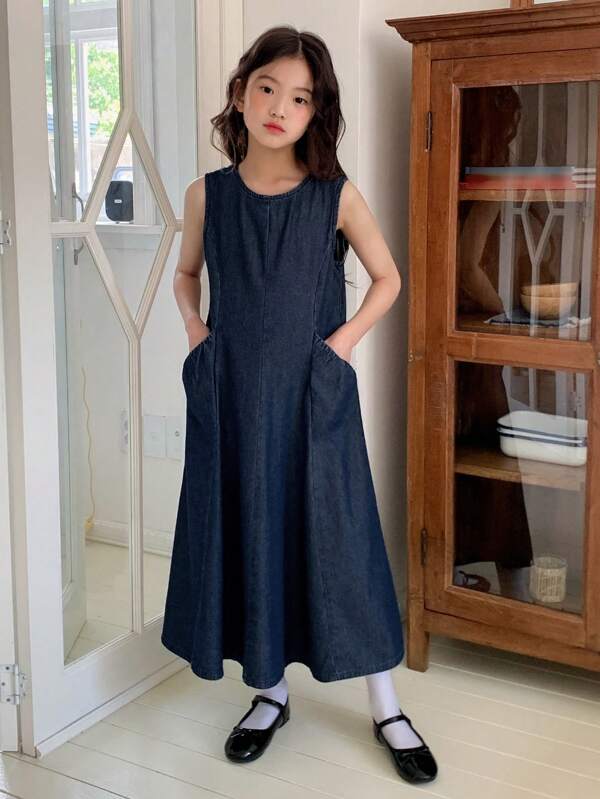 Dazy Kids Robe en jean sans manches à col rond pour pré-adolescentes, vêtements d'automne pour pré-adolescentes