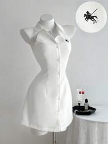 Elamini Vestido mini acampanado sin mangas con bordados, ajuste slim, para primavera/verano - Blanco - Ver 6