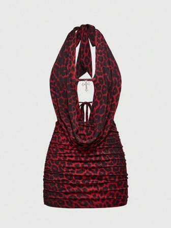 Grunge Punk Sexy Leoparden-Muster Kreuz Anhänger Rückenfrei Schlaufen-Träger Mini Kleid für Damen