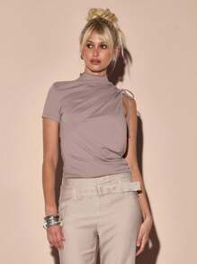 MUSERA Asymmetric High Neck Ruched Shoulder Extreme Cut Out Side Longline Fitted Short Sleeve Top Summer Vacation Y2k 90's Streetstyle Cool Girl Festival Holiday Elegant Club Classy Graduation Holiday Girly