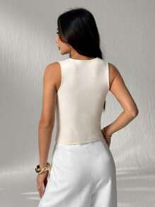 SHEIN PETITE Damski swobodny, jednokolorowy, dzianinowy top z guzikami z przodu, letni - Biały - Zobacz 3