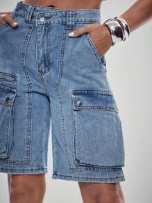 Denimoi Pantalones cortos de mezclilla cargo de uso casual con bolsillo lateral y cintura asimétrica para mujeres en verano