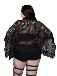 SHEIN Whyspr 大码女式复古朋克 Y2K 暗黑风格针织披肩开衫 / 酷女孩大码袖针织开衫冬季秋季秋季，万圣节 - 黑色 - 查看 3
