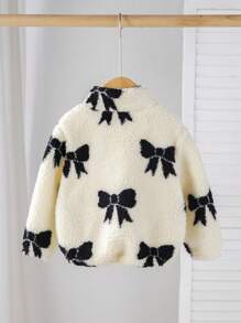 SHEIN Cute Babygirl Bow Plush Fleece Stand Collar Jacket, Versatile Casual For Autumn/Winter Baby Girl Jacket Baby Girl Fleece Jacket Baby Girl Bow Jacket Baby Girl Winter Jacket Baby Girl Fall Jacket - Khaki - View 2