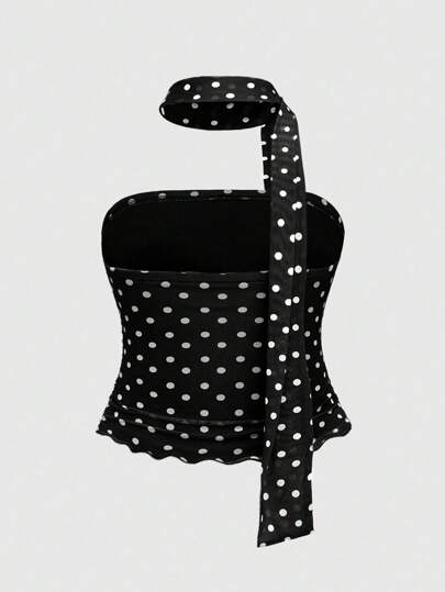 J-Fashion Blusa de talla grande para mujer con estampado de lunares, con volantes y cierre delantero con lazo