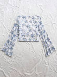 Soleia 女士 V 领系带花卉印花衬衫，适合约会/下午茶、波西米亚风、度假、钩针编织、亚麻、纹理 - 淺藍色 - 查看 2