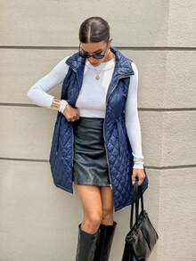 SHEIN Essnce 女士纯色拉链前抽绳腰部无袖休闲冬季夹克 - 銀色 - 查看 3