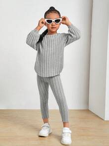 Niñas Leggings con camiseta tejido de canalé de hombros caídos bajo curvo - Gris Claro - Ver 3