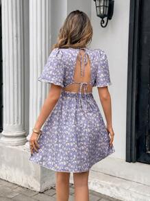 Chiquease Women's Vacation Ditsy Floral Front Tie Puff Sleeve Mini Dress - Purple - View 2