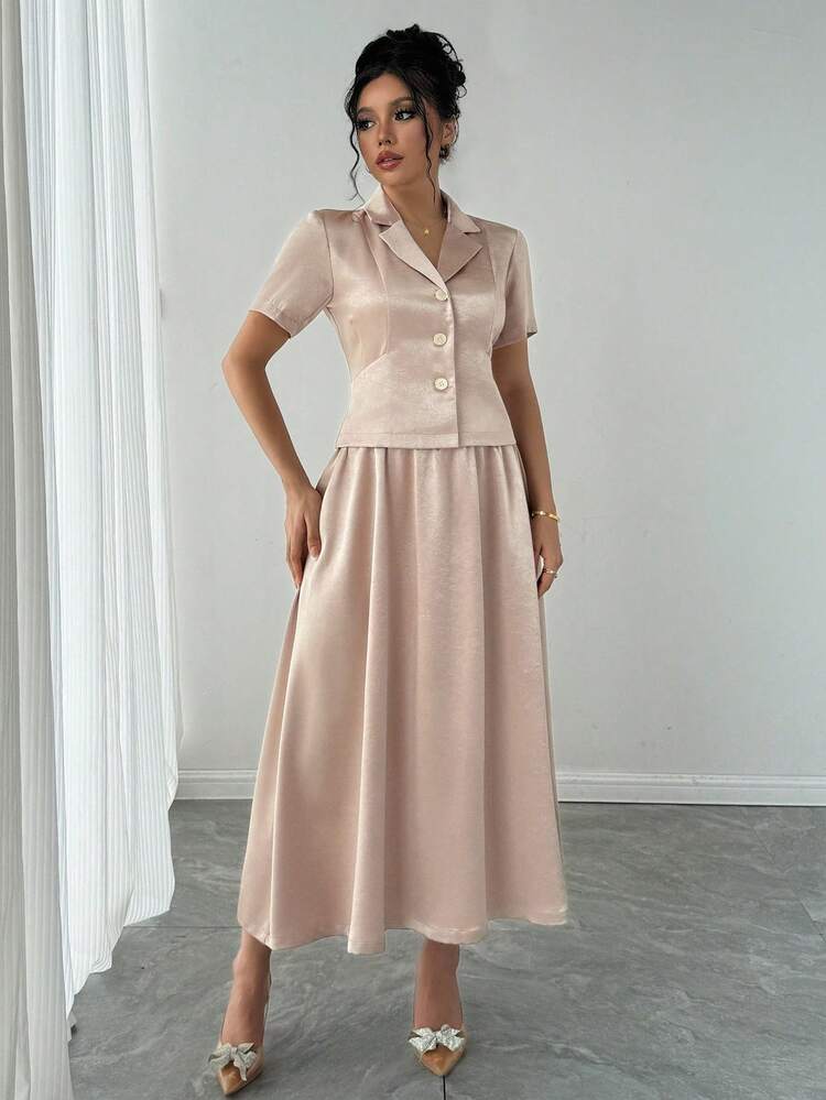 Women's Summer Turn-Down Collar Loose Short Sleeve Top And Flared Skirt Suit Business Attire
