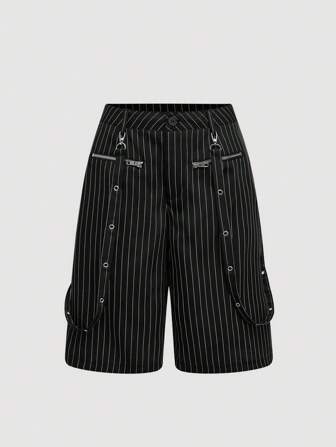 Goth Punk Style Zipper Decor Low Waist Striped Cropped Pants