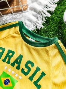 2pcs/Set Baby Boy/Girl Brazil Team Inspired Sports Jersey Knit Short Sleeve T-Shirt And Shorts Set, Comfortable, Breathable, Cool And Sweat-Wicking, Suitable For Indoor, Outdoor, Daily Wear, Sports, Play, Party, Photo Shoot, Vacation, Match, Spring/Summer - Yellow - View 7
