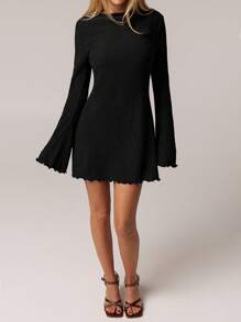 SHEIN Forever 21 1 chiếc váy tay loe thanh lịch màu trơn thường ngày cho nữ, mùa xuân/hè - màu đen - Xem 3