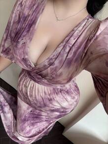 Vibekara Vestido elegante de cóctel para fiestas y eventos festivos con cuello en V, mangas de farol, cintura ceñida y bajo de cola de sirena para mujeres de talla grande