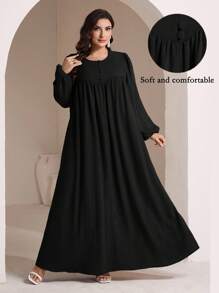 Veilorie Vestito largo con maniche a lanterna elegante e casual, in colore unito, per donne taglia curvy