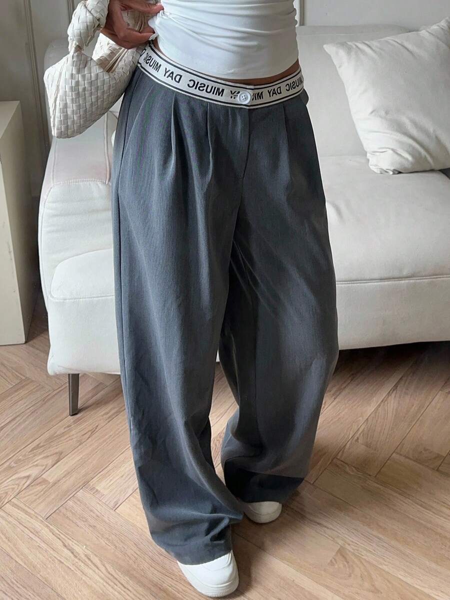 SHEIN EZwear Damen lässige graue gewebte Weite-Bein Hosen - Grau - Übersicht 1