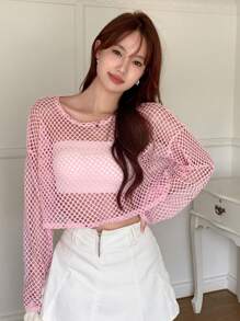 DAZY 纯色落肩短款上衣（不含抹胸）外出上衣节日透明长袖女式上衣，秋季女装 - 粉色 - 查看 3