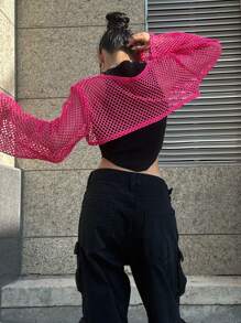 DAZY Hollow Out Super Crop Top Without Cami Top Festival Sheer Long Sleeve Women Tops - Hot Pink - View 2