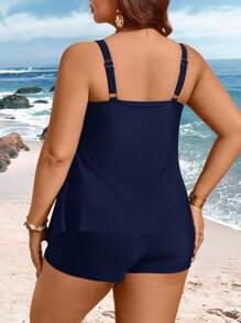 Swim Lushoire 加大码 A 字形方领纯色宽肩带比基尼上衣和短裤 2 件套 - 藏蓝色 - 查看 2