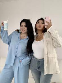 Dazy Plus 2pcs/Set High-End Blouse Top & Fashion Casual Pants, Plus Size Ladies Set