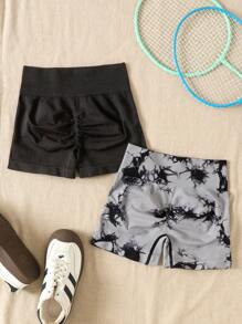 SHEIN 2 Pieces Set Tween Girl Seamless Jacquard Tie-Dye Sport Shorts
