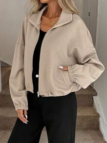 Easowa Women's Stand Collar Zip-Up Short Sweatshirt With Pockets, Khaki Textured Fabric, Autumn Neutral Outfits Cropped Jacket Fall Outfits For Women Khaki Outfits For Women Neutral Clothes For Women Fall Women Clothes Winter Jacket  Winter Clothes Women Back To School Bomber Jacket Women Fall Jackets - Khaki - View 5