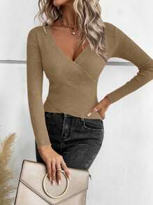 EURMUSE 1pc Women Solid Color Criss-Cross V-Neck Long Sleeve Fitted Sweater, Autumn/Winter - Camel - View 3