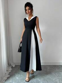TrendSteals Robe élégante et gracieuse sans manches pour dame - Noir et Blanc - Voir 5
