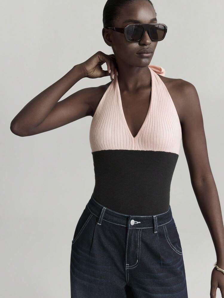 Elegant Contrast Color (Powder Pink & Dark Grey) Knit Bodysuit, Halter Neck Sweater Top, Retro Modern Style