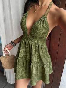 Sunnyshic 女式波西米亚印花露背裹身蝴蝶结领口连衣裙，休闲假日日常百搭时尚，春夏 - 綠色 - 查看 5