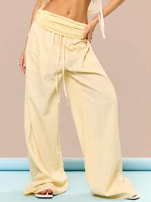 MUSERA 褶皱翻折腰袋细节阔腿裤沙滩罩衫夏季度假节日可爱休闲优雅托斯卡纳阳光泳装复活节 - 黃色 - 查看 2