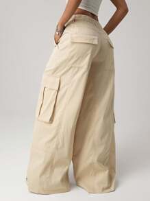 SHEIN ICON Quần ống rộng cạp thấp phong cách Mỹ cổ điển có nhiều túi - Màu be - Xem 2