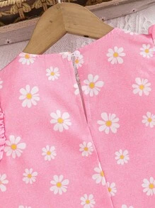 SHEIN Young Girl Floral Print Chiffon Mini Dress With Ruffled Cap Sleeve, Lovely For Vacation Daisy Dress Pink Daisy Dress Pink Floral Dress For Young Girls Girl Pink Dress Floral Toddler Dress - White - View 5