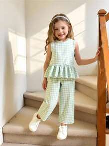 Girls (Small Size) Summer Elegant Lady T-Shirt Set, Green Plaid Sleeveless Top & Long Pants, Soft Casual Daily Wear Girls Gingham Outfit Girls Checkered Outfit Toddler Girl Gingham Set Mint Green Outfits For Kids Girls Two Piece Outfit Green Fall Winter