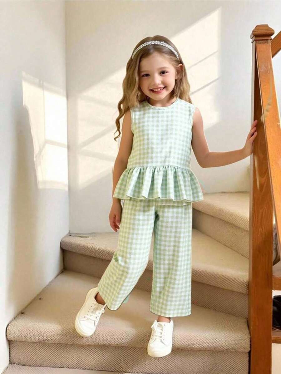 Girls (Small Size) Summer Elegant Lady T-Shirt Set, Green Plaid Sleeveless Top & Long Pants, Soft Casual Daily Wear Girls Gingham Outfit Girls Checkered Outfit Toddler Girl Gingham Set Mint Green Outfits For Kids Girls Two Piece Outfit Green Fall Winter