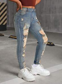 少女时尚休闲复古Y2K镂空破洞磨边设计舒适宽松柔软蓝色弹力修身牛仔裤，适合少女日常穿着，也适合秋季、冬季穿着，是返校、返校节、锐舞派对、音乐节和海滩活动的理想选择。 - 藍色 - 查看 3