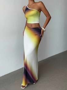 INAWLY Women's Tie-Dye Print Sleeveless Cropped Top And Skirt 2-Piece Set, Fashionable - Multicolor - View 4
