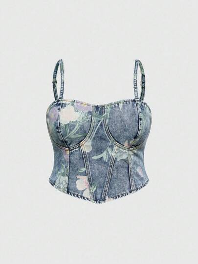 Plus Size Vintage Floral Print Cropped Camisole For Summer