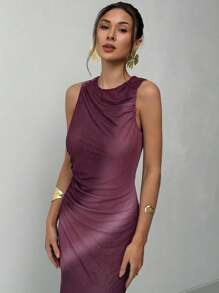 Aloruh Abito estivo da donna slim fit a maniche corte, con collo rotondo, stampa a tintura a spirale e pieghe