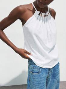 Maija 2026 Spring & Summer Outfits Women's Halter Design Bohemian Resort Top, White Pleated Camisole For Summer Vacation, Beach Wear Romantic,Bohemian Style, Beach Wear, Swimsuit Cover-Up,Simple Daily Wear, Country Style, Essential, Solid Color,Ideal For Woman Going Out Tops Graduation Outfit European Summer Hawaii Outfits For Women Streetwear Women Stockholm Style Teacher Outfits For Women,Summer Tops,Beach Outfit For Women - Apricot - View 4