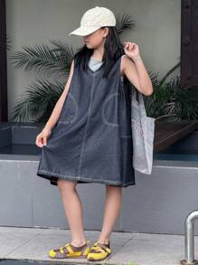 Dazy Kids 2pcs/Set Tween Girls Round Neck Knit Tank Top + V-Neck Denim Dress, Outfit For Tween Girl Fall - Multicolor - View 6