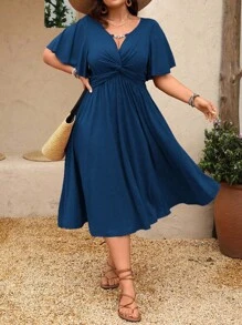 Rometta 大码女式春夏链条荷叶边扭腰纹理针织 V 领 A 字中长连衣裙