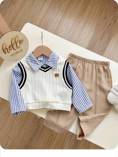 3 件套男婴可爱休闲运动拼色背心、条纹衬衫、松紧腰裤三件套服装，绅士风格适合生日派对、新年派对、晚会、表演、婚礼、月子仪式、洗礼和 1 岁生日、婴儿洗礼