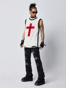 ROMWE MEN Grunge Punk Maiou bărbătesc cu imprimeu, fără mâneci, cu guler rotund