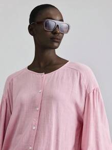 Ontre Vacation Style, Independence Day, 2025 New Arrival, Casual Shirt, Solid Color, Long Sleeve, Round Neck, Fashion, Suitable For Summer, Independence Day, Women, St. John's Day, Beach, Seaside, Holiday, Graduation, Office